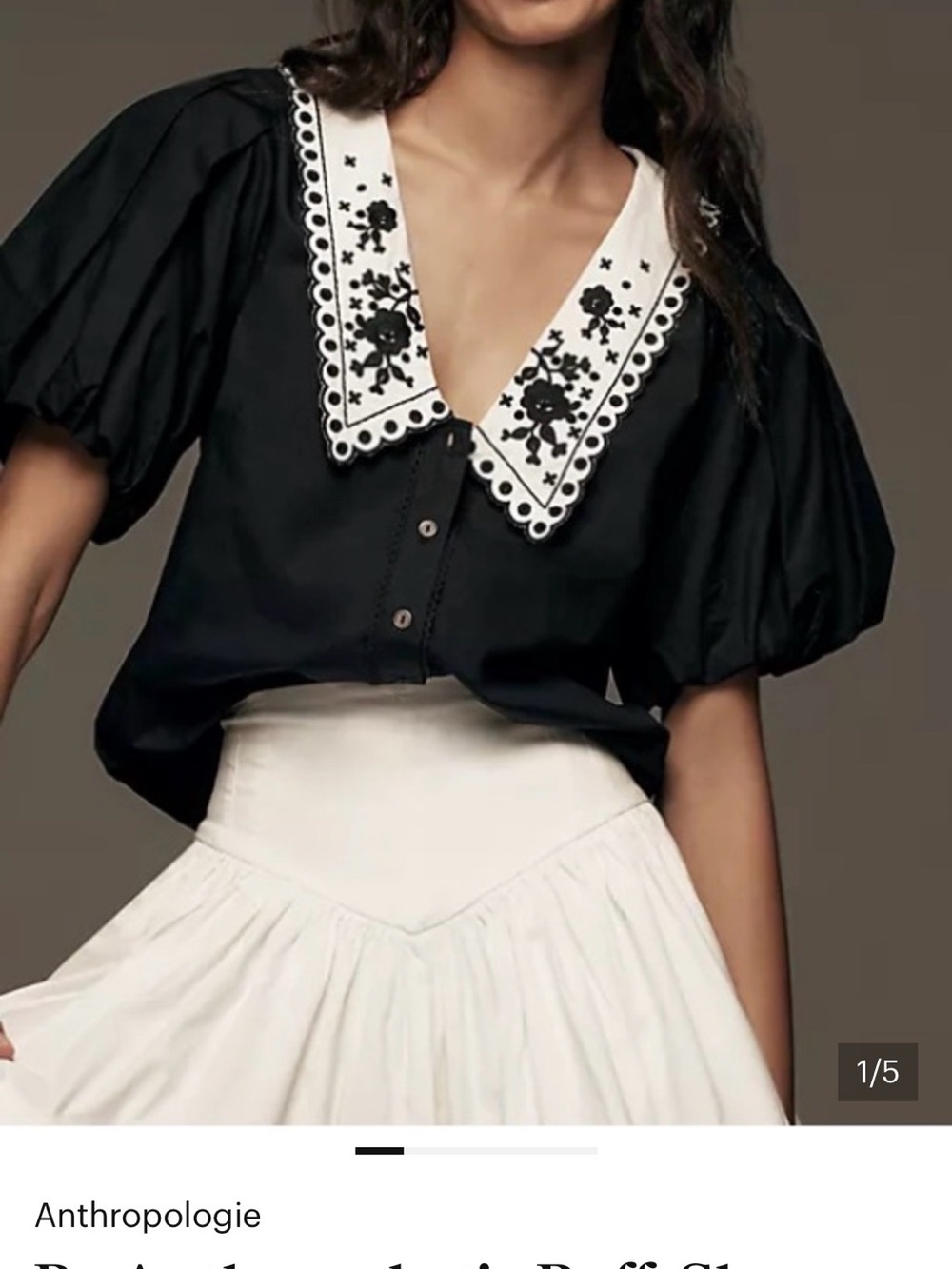 Anthropologie Black Puff-Sleeve Blouse with Embroidered White Collar